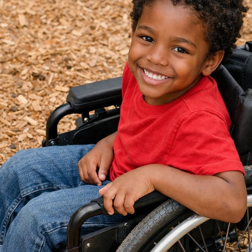 Child in Wheelchair on Engineered Wood Surface